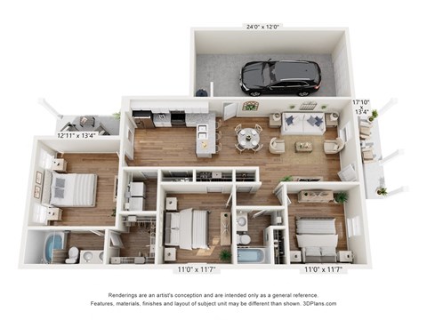 Floor plan for 3 beds, 2 baths, 1218 sqft
